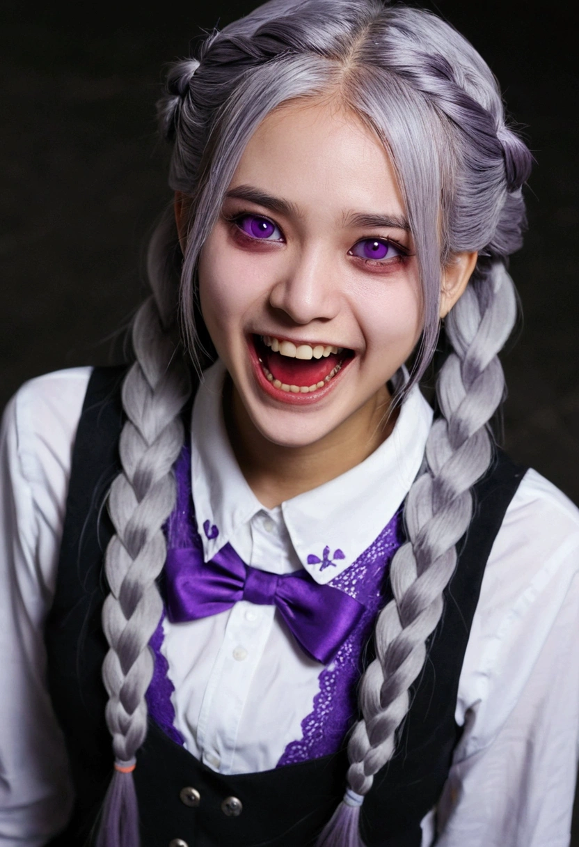 masterpiece,best quality, //////////////1girl,solo,sharp teeth,teeth,braid,twin braids,open mouth,grey hair,looking at viewer,purple eyes,long hair,horror \(theme\),blood,long sleeves,upper body,shirt,smile, //////// ,