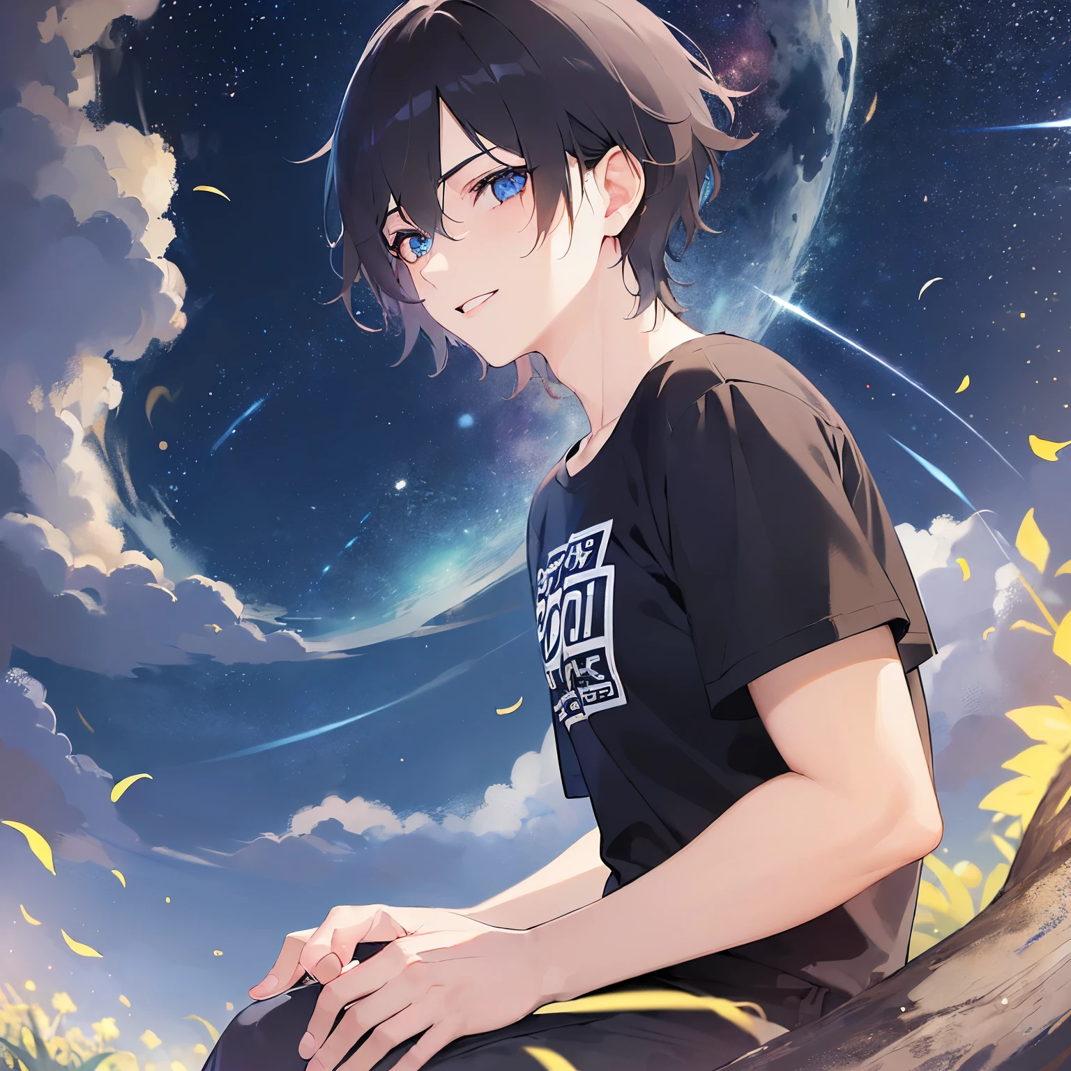 (25-year-old male:1.5) and (Black short hair) and (blue eyes) (black:1.5) and (T-Shirts:1.5),(looking at viewer:1.5),upper body、Side shot、shiny skin, masterpiece、Highest quality,smile、(Night Park:1.5)、（Night Sky：1.5）、(grass:1.3),(alone:1.5)