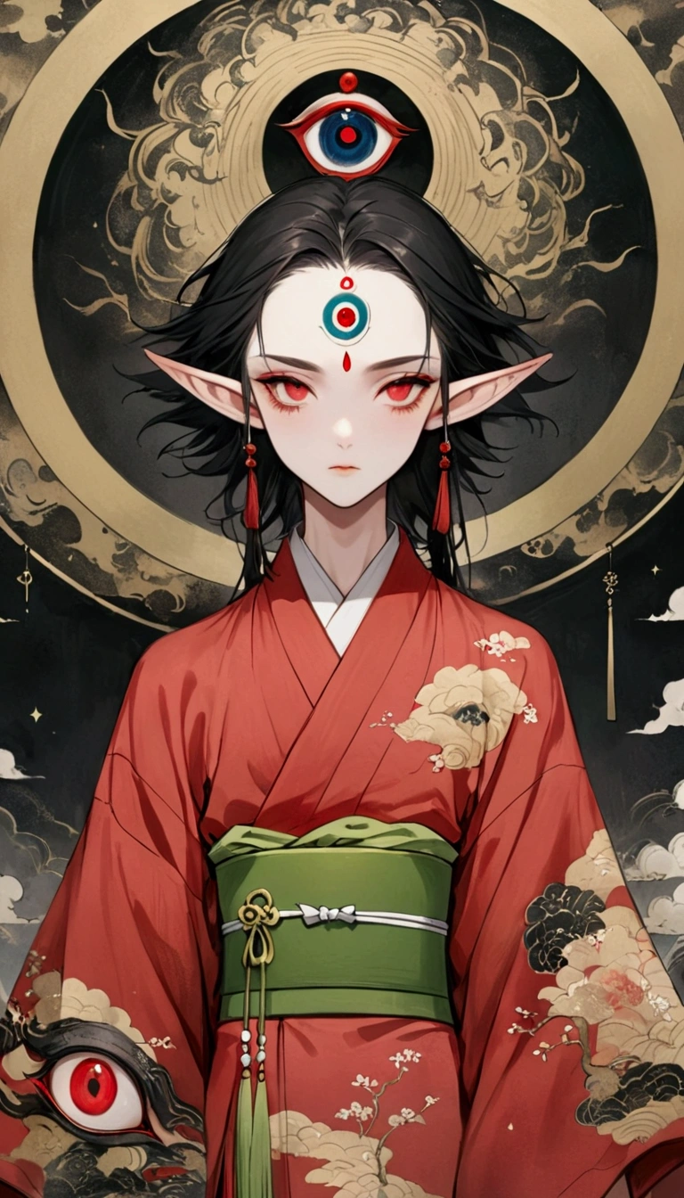 Art Illustration,Dark Style,(((1 Boy,独奏,third eye on the forehead,Elf ears))),(((Gorgeous Japanese red kimono:1.6,Eye Diagram,Dark Pattern))).(((Thin waist,Greenbelt:1.37)))whole body,Death Stare Background。