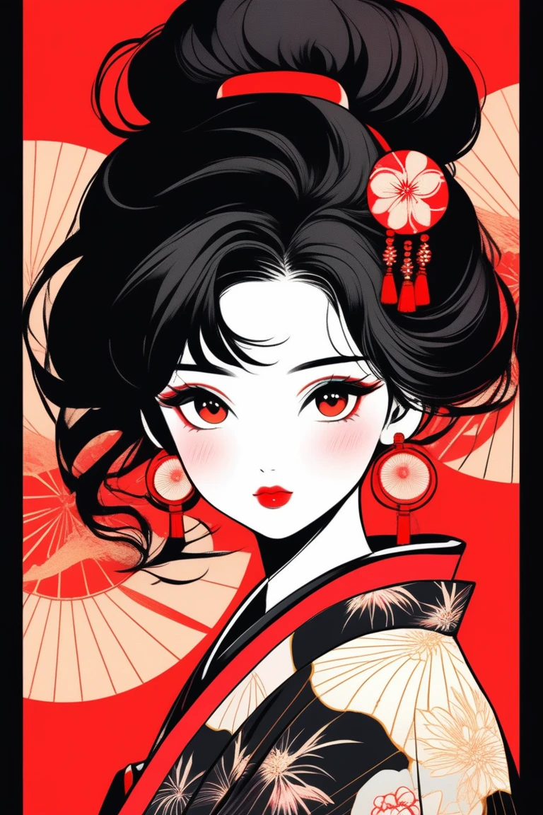(best quality, sketch:1.2),realistic,illustrator,anime,1 girl, detailed lips, kimono,custom, black and red gradient background,neon hair,textured cropping, masterpiece, style retro classic, noir style , Japanese style