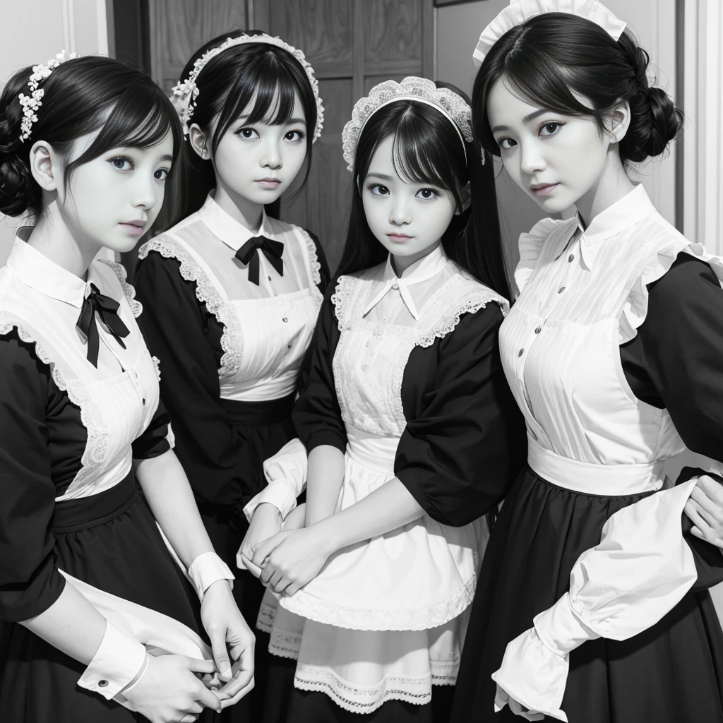 (Three Sisters、Maid's Headband、belly button、is、Black Hair、Big Ass、In the living room、The clothes are see-through、bottomless、white bra with frills、White string panties、thong)、Extremely sexy、Glamorous Body、smile、Professional Lighting、Beautiful adult woman、Captivating thighs、Very large breasts、Cleavage、Are standing、Beautiful teeth alignment、