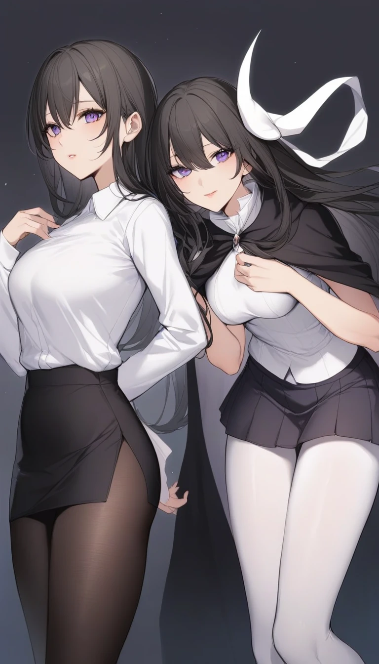 17 year old girl, pretty face and beautiful, pretty lips, purple eyes, long straight black hair, Chest a little quite big, semi-large thighs, hip a little wide, thin waist, clothes tights and a black skirt. White shirt with a black cape and a mask next to his face a white hollow knight mask