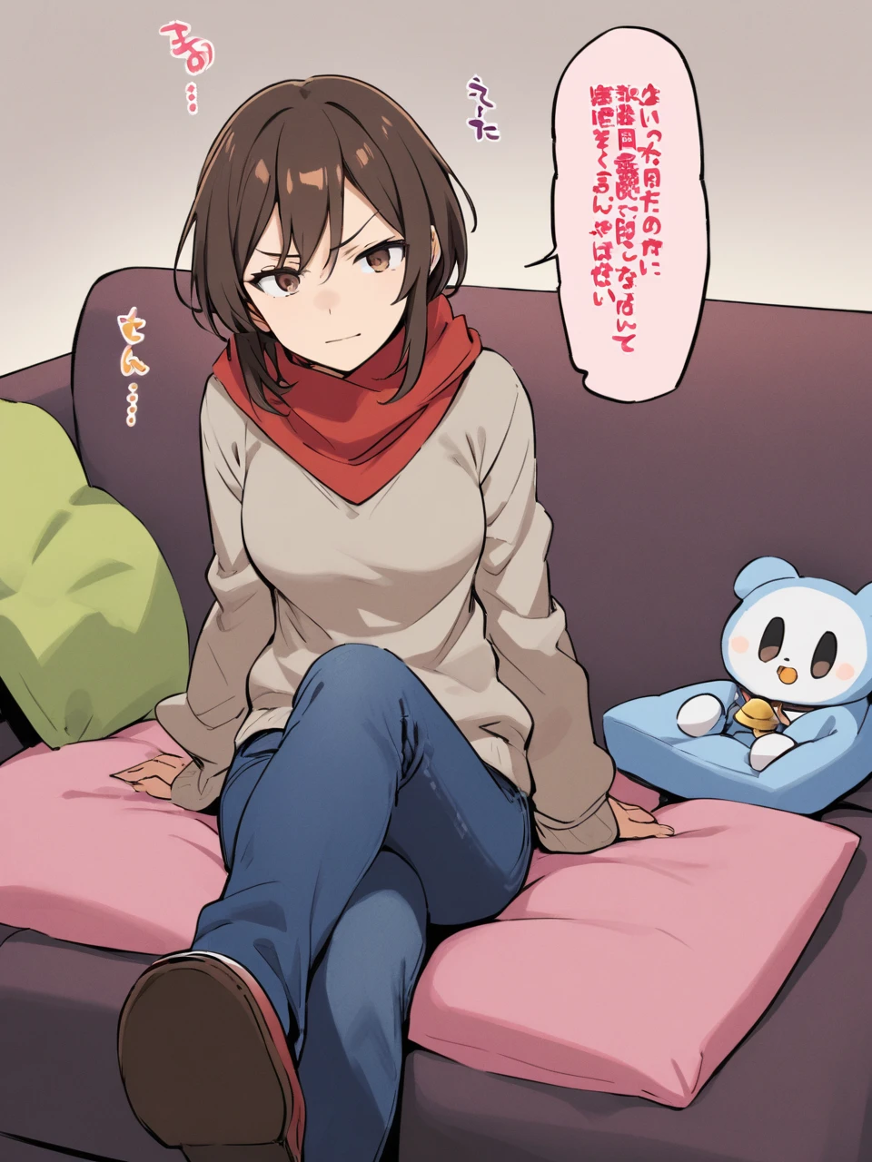 bell, Japanese cartoon, brown hair, Medium breasts, Brown eyes, A faint smile, jeans, scarf, gray sweatshirt, Blue pants, sitting, Cross-legged, Wisdom inside, sitting on the couch, Shino Asada's face, Japanese cartoon Sword Art Online, best quality