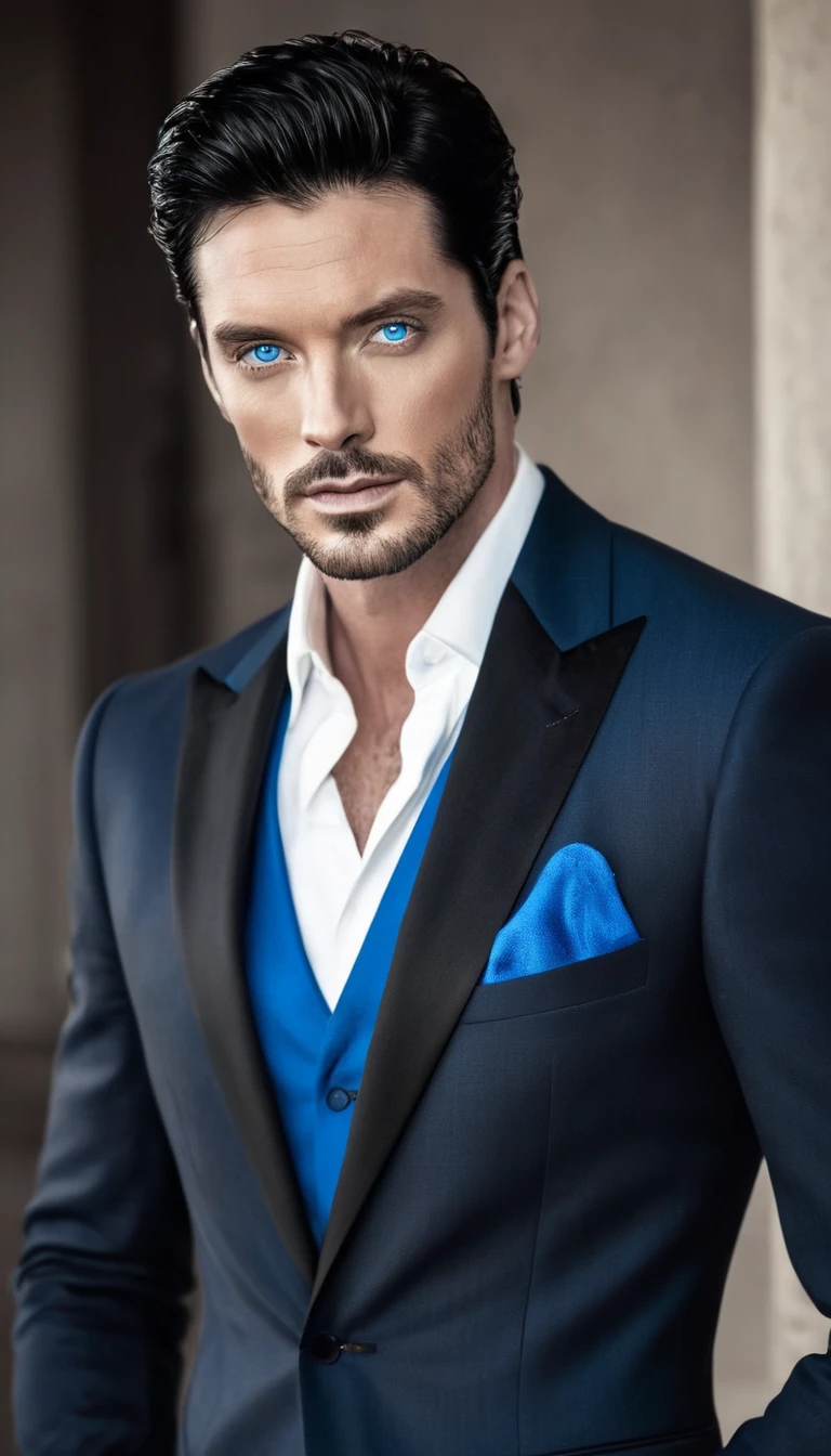 Handsome man without a beard, black haired, blue colored eyes, tall wearing black and white suit....With an air of mystery and realism