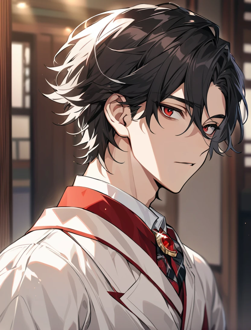 (black_hair), (short_hair), (deep_red_eyes), (Handsome), (Attractive), (male), (unique_highschool_uniform), (detailed_Hair), (detailed_mouth), (Teenager), (dark_under_eyes), (gem_like_eyes), (japanese)
