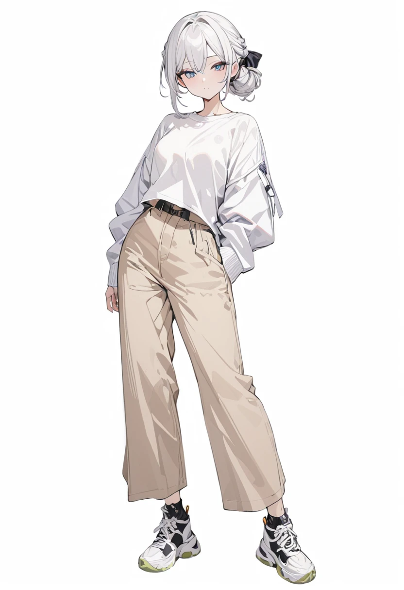 (Masterpiece, highest resolution: 1.2, 8K), center, full body, one girl, casual hairstyle, black cool fashion, wide pants, simple sneakers, simple background, blank white background, eyes open,