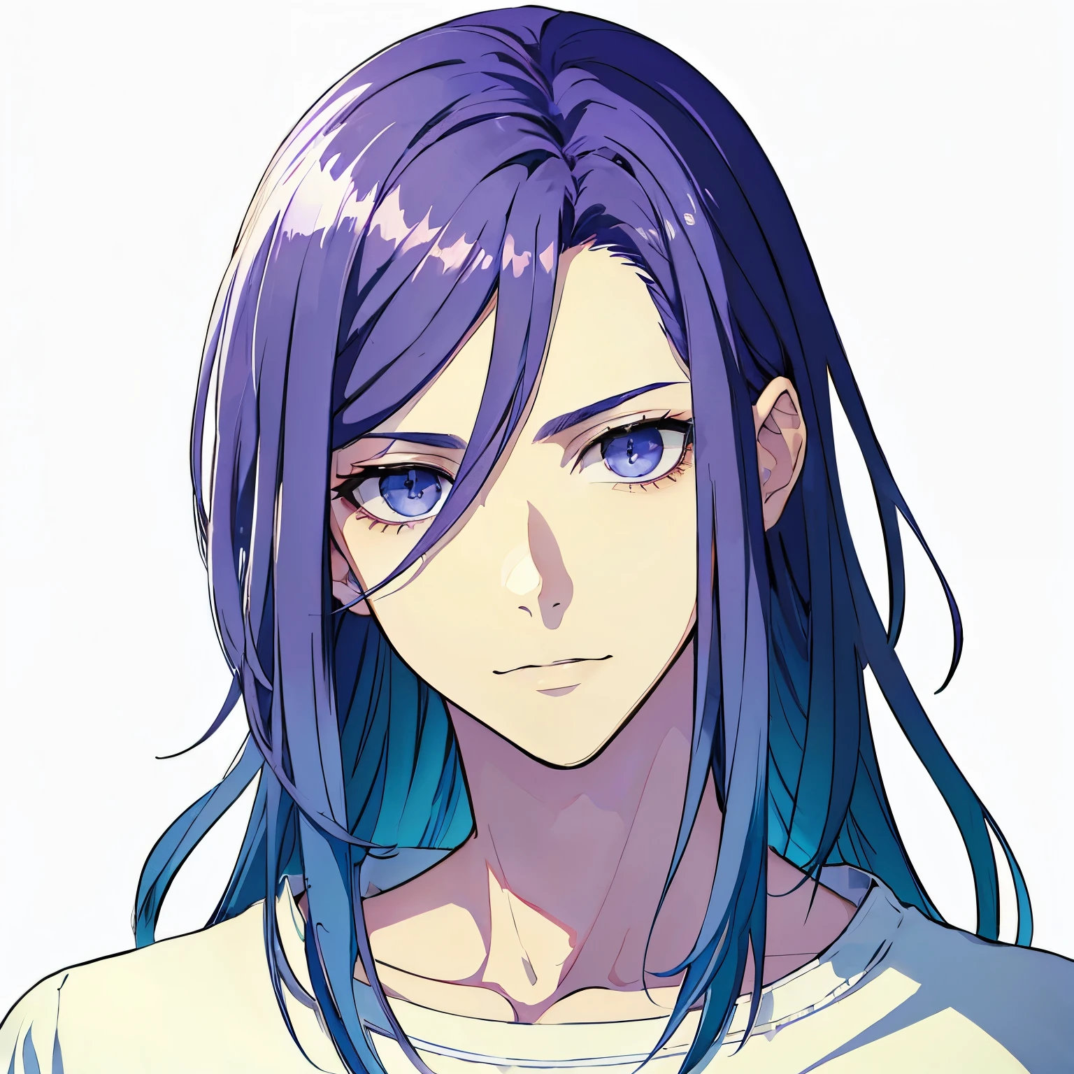 Highest quality、Highest quality、A man with purple hair and piercing eyes、aldult、Large build、White high neck shirt