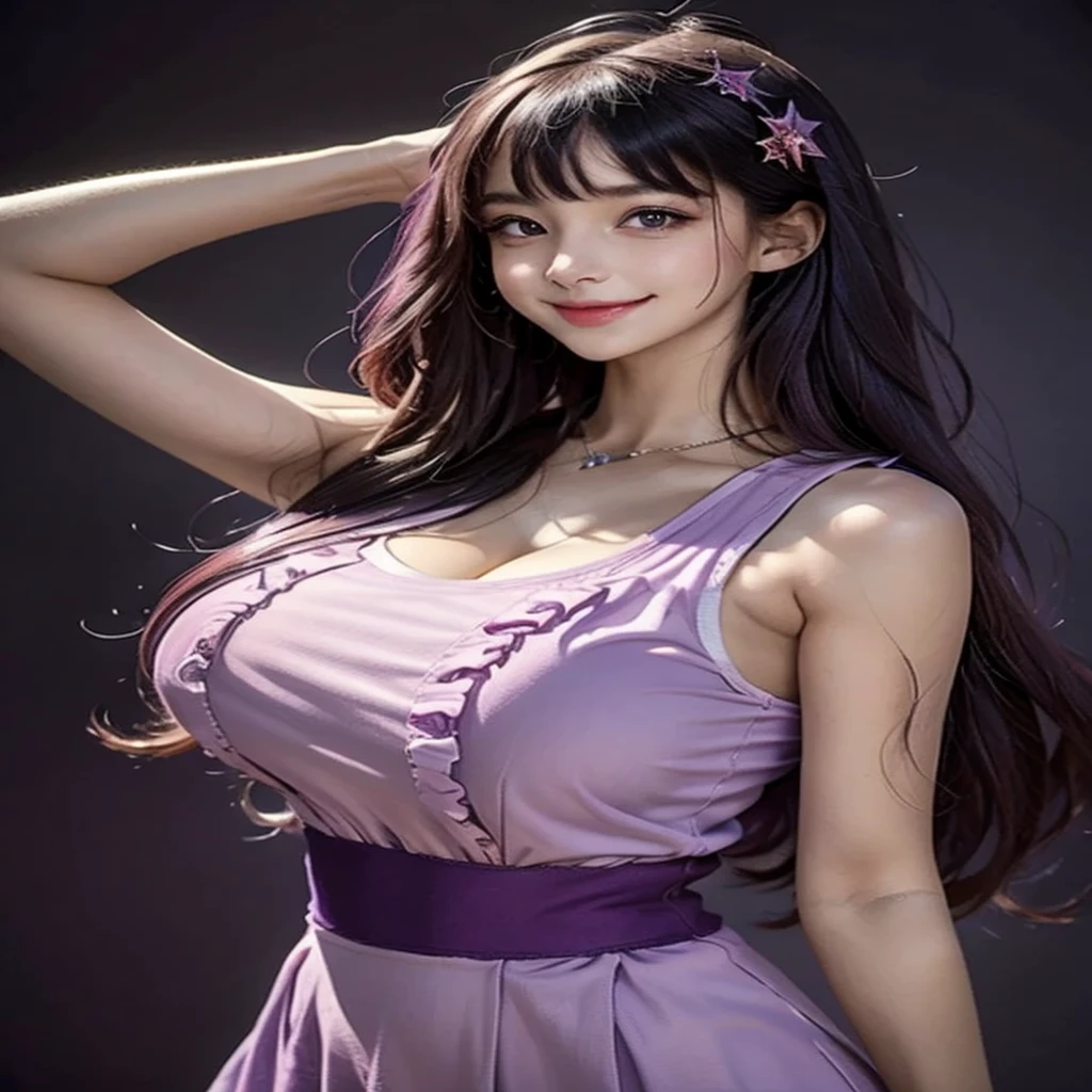 a girl with beautiful detailed eyes, beautiful detailed lips, extremely detailed face and long purple hair, purple star-shaped pupils, hair ornament, wearing a pink sleeveless shirt with ruffles, smiling, hands raised, bangs on one side, star symbol, isometric view from above, Rembrandt style illustration with high depth of field, looking at the viewer, peace sign, tongue sticking out, highest quality, high resolution