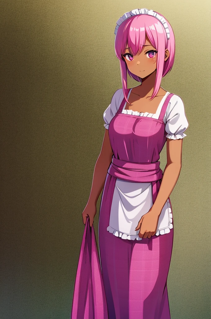 A maid with pink hair. And tanned complexion