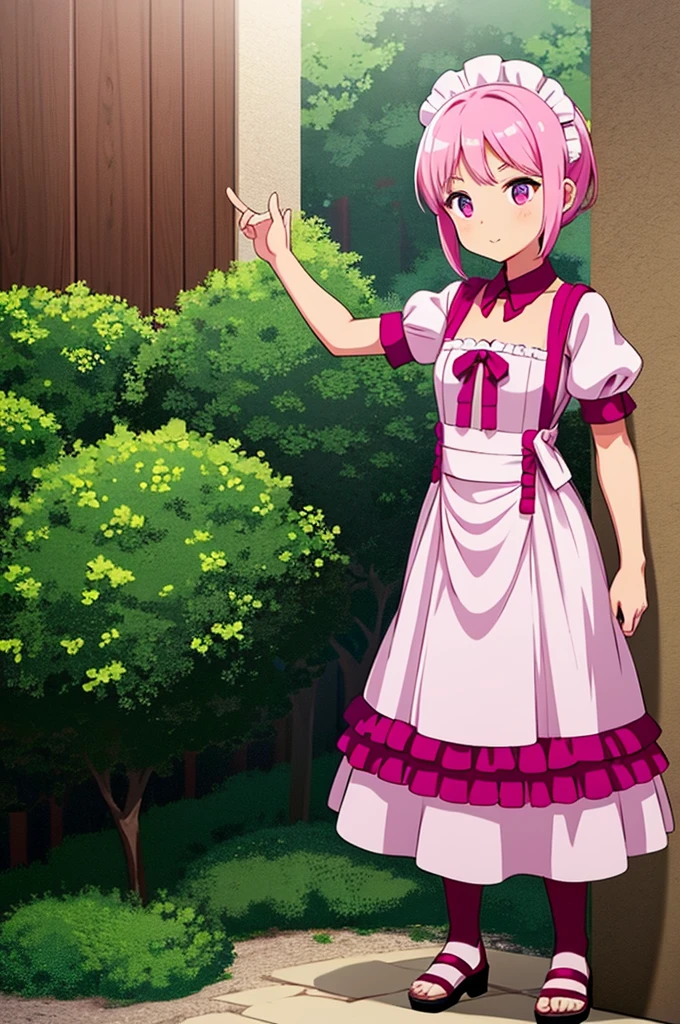 A maid with pink hair. And tanned complexion 