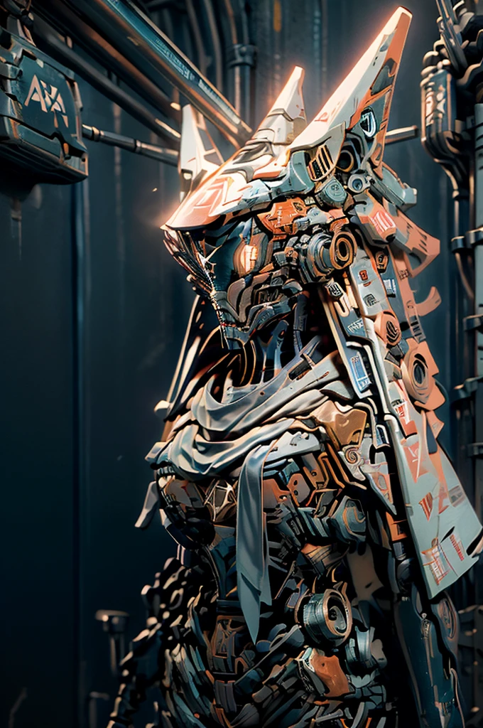 (masterpiece, best quality, ultra-detailed), Shinobi Kage-X1 mecha, 8 meters tall, 15 tons, hybrid-electric propulsion system with silent modules, lightweight composite materials with stealth coating, sleek and agile design, equipped with plasma blades, precision energy blasters, smoke grenade launchers, advanced stealth capabilities, highly agile joints, enhanced sensors for night vision and thermal imaging, standing in a dimly lit urban alleyway, cloaked in shadows, emitting a faint blue glow from its sensors, cyberpunk aesthetic, intricate mechanical details, dynamic pose, cinematic lighting, high-tech environment