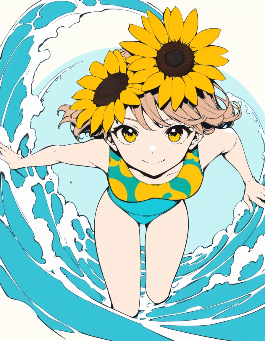 from {above|below|side|behind}, ultra detailed beautiful moe anime, Under the summer sun, there is a girl on the beach. She is wearing a bright swimsuit with a sunflower pattern. The swimsuit shines under the sun, radiating a bright atmosphere around her. She starts running towards the sea, playing with the waves with a smile. It’s as if a single sunflower is blooming on the seashore, pop color, flat color