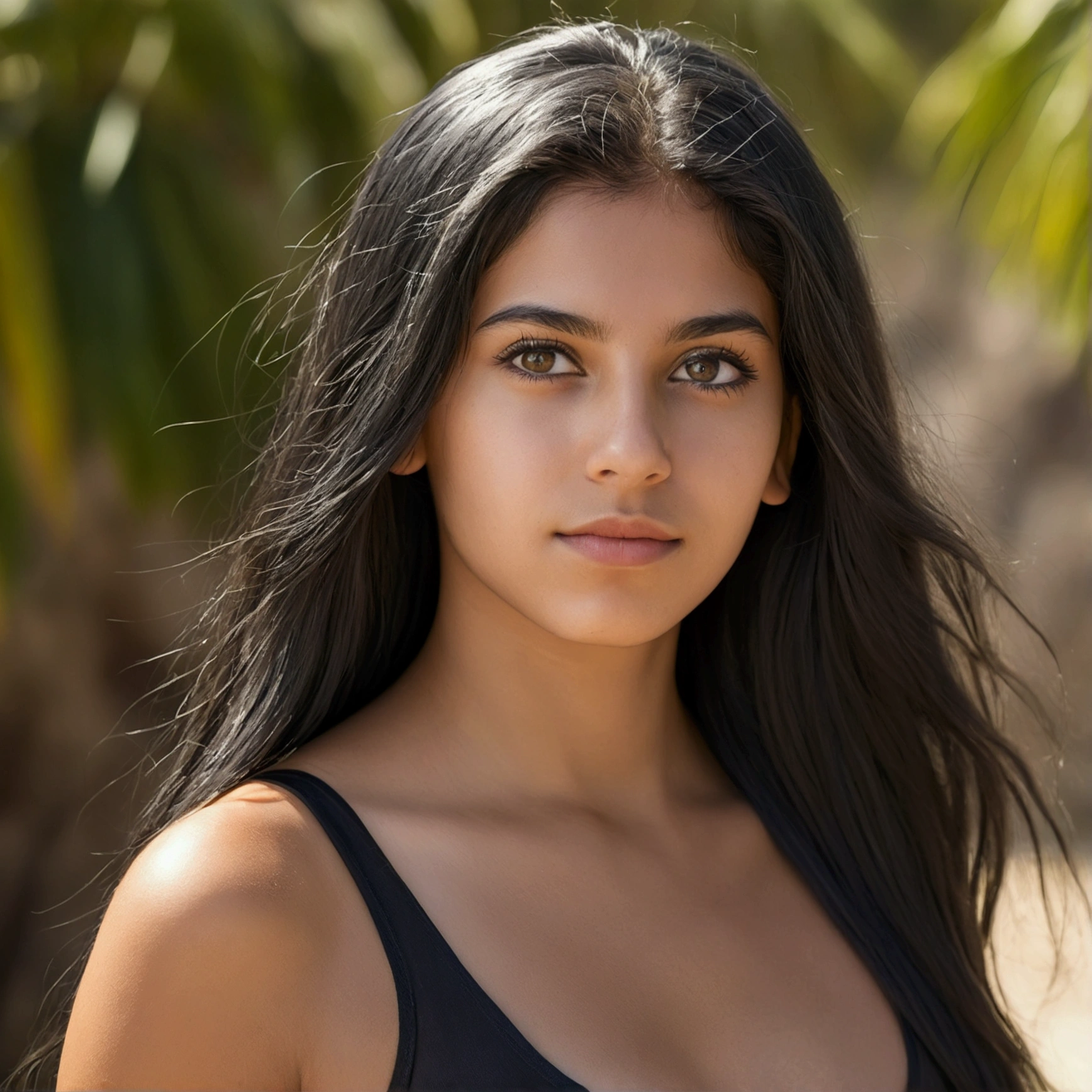 A photorealistic portrait of a 23 year old Colombian and Spanish girl with long black and white hair and striking light eyes. It should have a natural and accessible expression and be lit by the soft golden light of the sun. The background should be a picturesque outdoor setting, perhaps a luxurious location or a sunny beach with a naked woman in a swimsuit where her entire body can be seen. Capture this image with high-resolution photography using an 85mm lens for a flattering perspective.Gros seins, Précis,