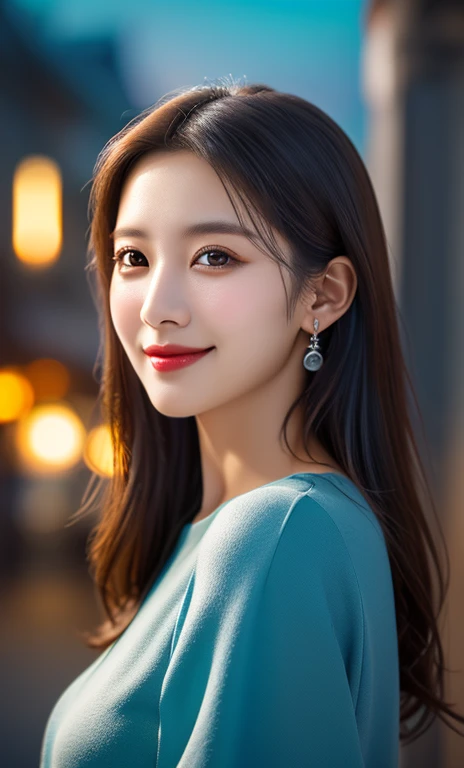 (a gorgeous korean lady, flowing blue blouse, cyan skirt, snowy midnight, symmatrical face, beautiful detailed face, bright warm eyes, gentle kind smile, ample rouund bosom, blooming flowers, soft breeze, cowboy-shot, (best quality,4k,8k,highres,masterpiece:1.2),ultra-detailed,(realistic,photorealistic,photo-realistic:1.37),HDR,UHD,studio lighting,ultra-fine painting,sharp focus,physically-based rendering,extreme detail description,professional,vivid colors,bokeh,portrait,fantasy,warm colors)