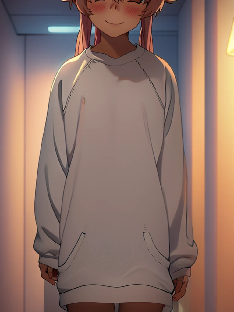 Yuno Gasai wearing a white comfy sweater, standing, casual, smiling softly, blushes, shy