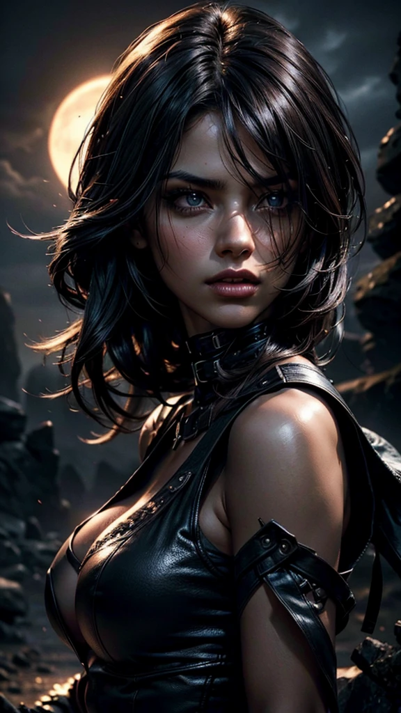 A mysterious hot sexy dark girl with a tormented look, a hill with a full moon in the background, detailed facial features, long dark hair, dramatic lighting, dark fantasy, moody tones, cinematic composition, muted colors, chiaroscuro, dramatic shadows, (best quality,4k,8k,highres,masterpiece:1.2),ultra-detailed,(realistic,photorealistic,photo-realistic:1.37)