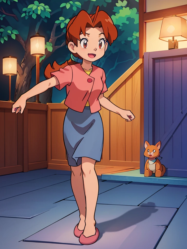 Delia_Ketchum 1girl, full body, looking at viewer, :d, open mouth, (extremely detailed CG unity 8k wallpaper), (masterpiece), (best quality), (ultra-detailed), (best illustration), (best shadow), (absurdres), finely detail, skirt, shirt, blue skirt, long skirt, pink shirt, slippers,