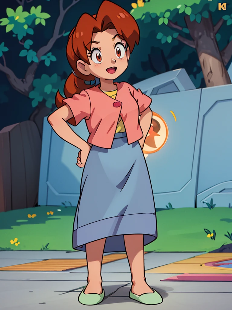 Delia_Ketchum 1girl, full body, looking at viewer, :d, open mouth, (extremely detailed CG unity 8k wallpaper), (masterpiece), (best quality), (ultra-detailed), (best illustration), (best shadow), (absurdres), finely detail, skirt, shirt, blue skirt, long skirt, pink shirt, slippers,