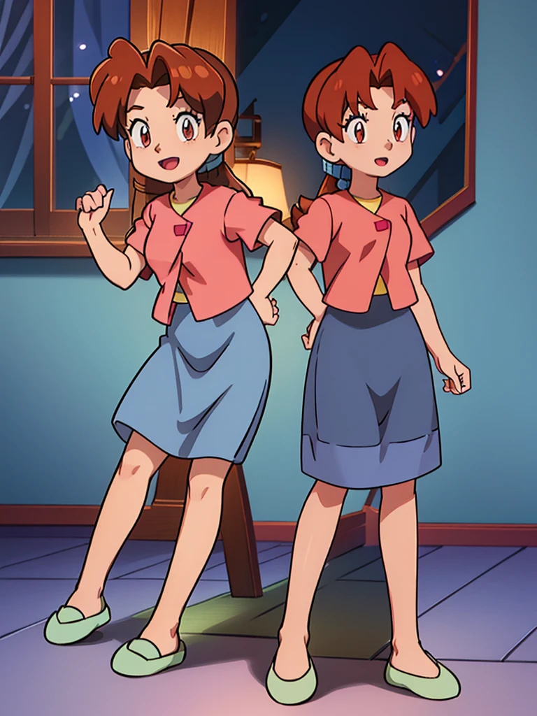 Delia_Ketchum 1girl, full body, looking at viewer, :d, open mouth, (extremely detailed CG unity 8k wallpaper), (masterpiece), (best quality), (ultra-detailed), (best illustration), (best shadow), (absurdres), finely detail, skirt, shirt, blue skirt, long skirt, pink shirt, slippers,