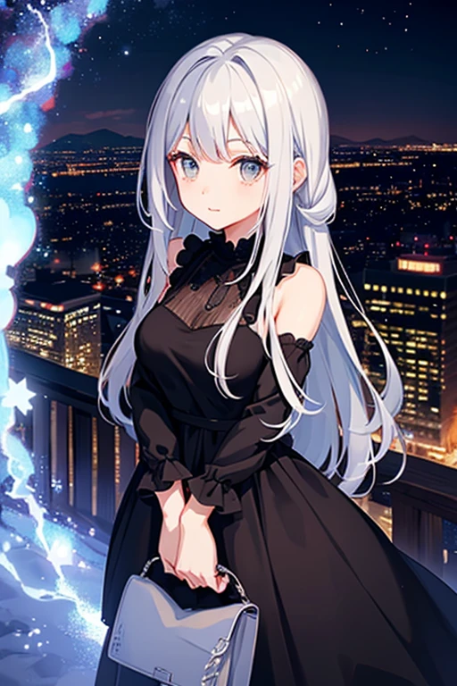 gray hair.beautiful girl.dress.Night view