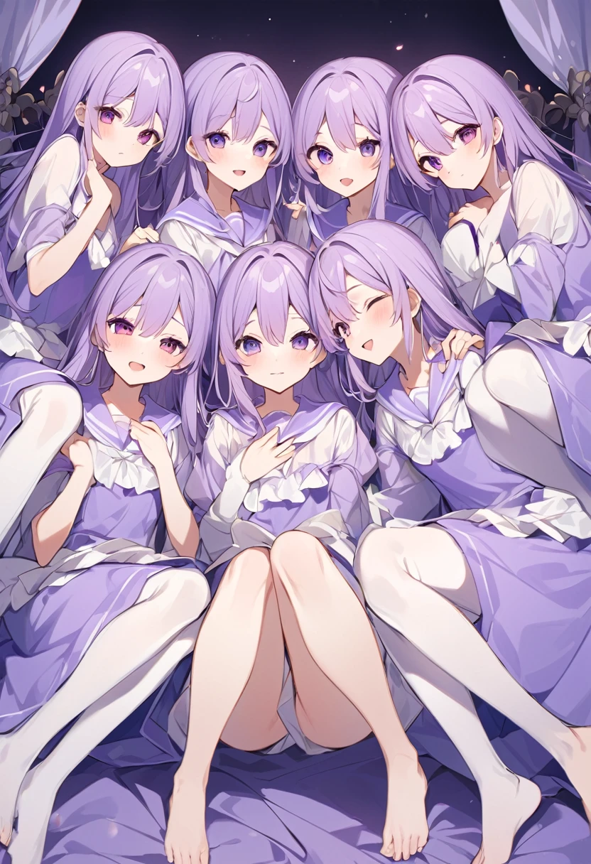 Keito。Purple sailor suit。barefoot。six sisters。They both have lavender hair。all female。Sextuplets。Purple bed