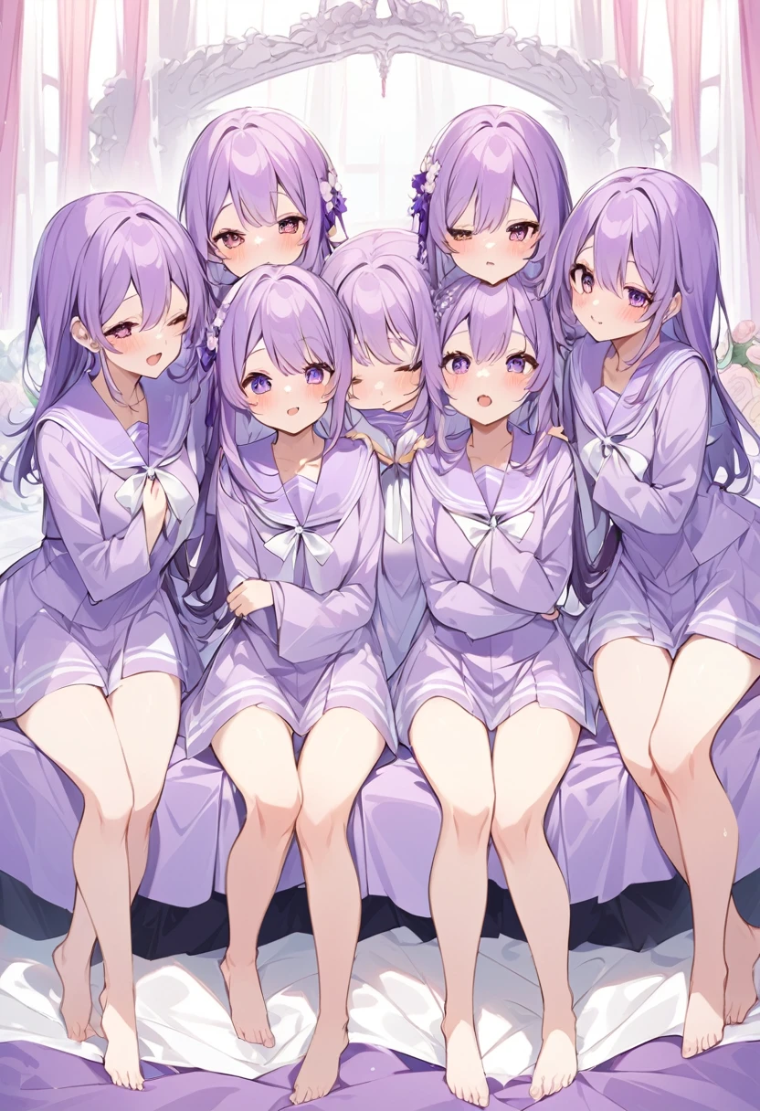 Keito。Purple sailor suit。barefoot。six sisters。They both have lavender hair。all female。Sextuplets。Purple bed