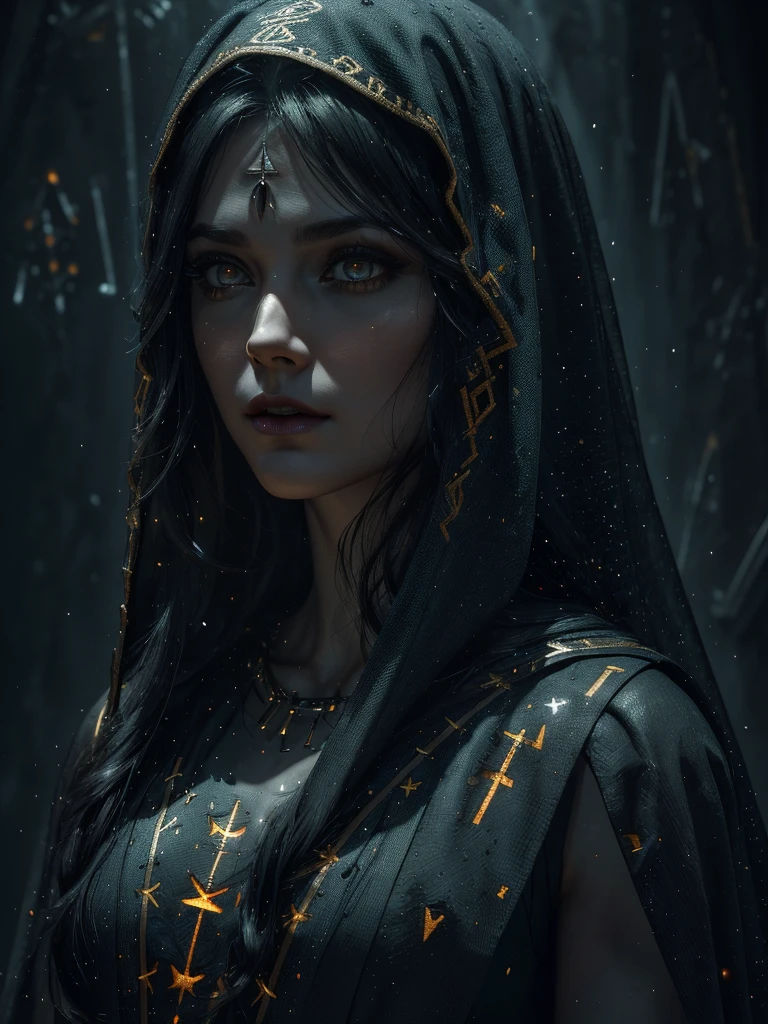 a beautiful 30 year old woman, pale skin, intense magical and glowing runes across the body, vibrant runes, long black hair, a dark veil over the entire body, ((magic runes highlighted)), face covered by the veil, eyes completely white, delicate costume, detailed eyes, detailed lips, extremely detailed face, long eyelashes, portrait, dark fantasy, sci-fi, digital art, cinematic lighting, dramatic colors, chiaroscuro, moody atmosphere, head on fire, (best quality,4k,8k,highres,masterpiece:1.2),ultra-detailed,(realistic,photorealistic,photo-realistic:1.37)