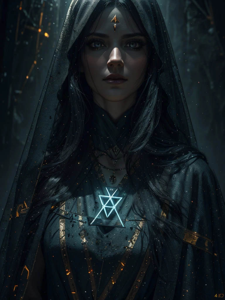 a beautiful 30 year old woman, pale skin, intense magical and glowing runes across the body, vibrant runes, long black hair, a dark veil over the entire body, ((magic runes highlighted)), face covered by the veil, eyes completely white, delicate costume, detailed eyes, detailed lips, extremely detailed face, long eyelashes, portrait, dark fantasy, sci-fi, digital art, cinematic lighting, dramatic colors, chiaroscuro, moody atmosphere, head on fire, (best quality,4k,8k,highres,masterpiece:1.2),ultra-detailed,(realistic,photorealistic,photo-realistic:1.37)