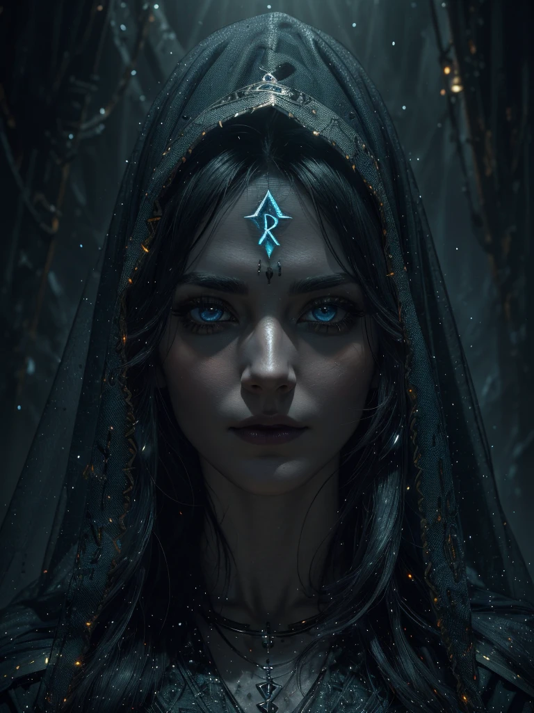 a beautiful 30 year old woman, pale skin, intense magical and glowing runes across the body, vibrant runes, long black hair, a dark veil over the entire body, ((magic runes highlighted)), face covered by the veil, eyes completely white, delicate costume, detailed eyes, detailed lips, extremely detailed face, long eyelashes, portrait, dark fantasy, sci-fi, digital art, cinematic lighting, dramatic colors, chiaroscuro, moody atmosphere, head on fire, (best quality,4k,8k,highres,masterpiece:1.2),ultra-detailed,(realistic,photorealistic,photo-realistic:1.37)