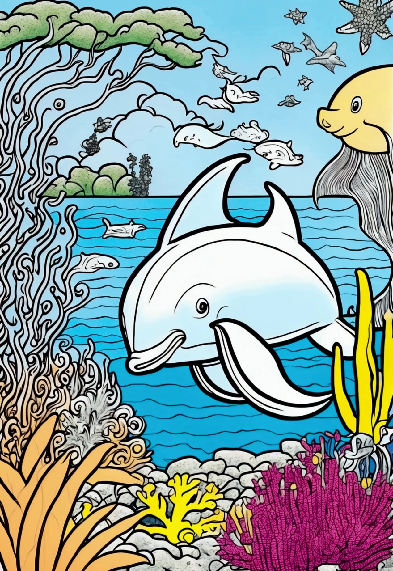 Creating a colouring book for children up to the age of 3 with a dolphin swimming in the ocean.