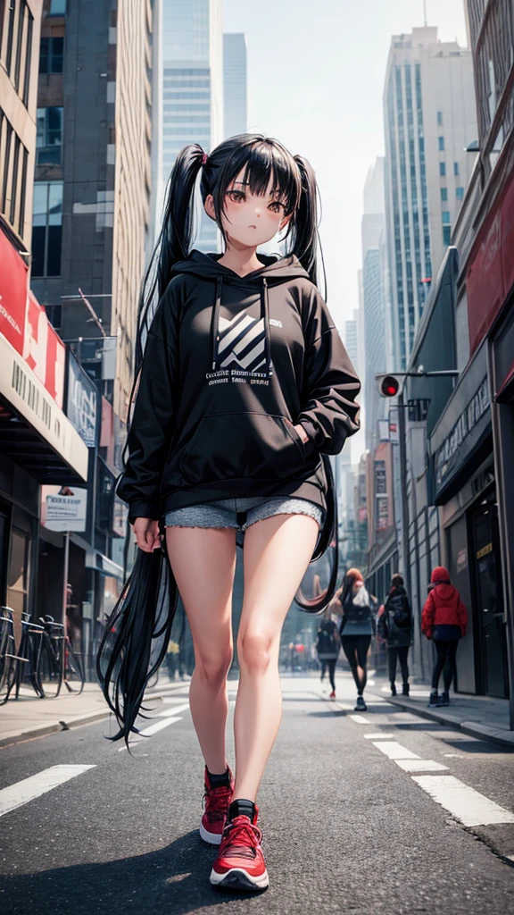 A woman with long black hair in twin tails, dressed in a gray and black hooded sweatshirt with text, black leggings, and red and gray sneakers, walking down a city street with buildings and signs in the background.