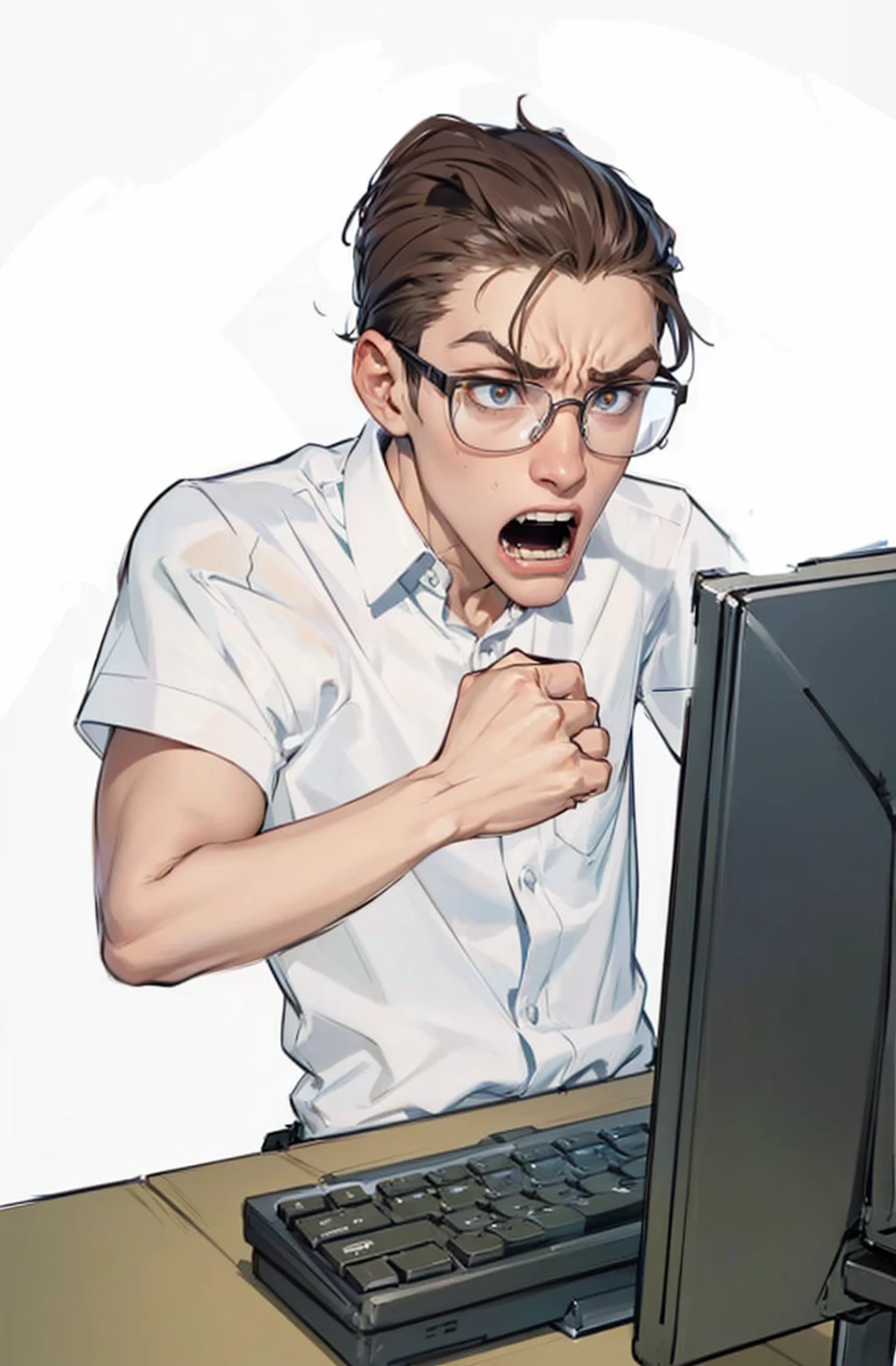 skinny 17 year old boy( very skinny) wearing glasses sitting at an office desk with using a thin computer white mouse keyboard ,with worried face (expression of despair madness,anger,closed fist,fury,anger,testa franzidas,with teeth gritted with hate,looking at computer monitor wearing nerdy short sleeve formal shirt
