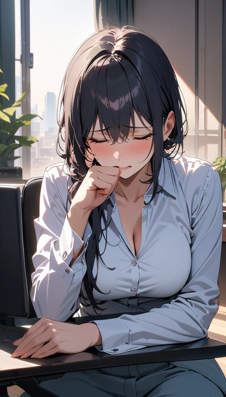 best quality, award winning, highres, high details, super detail, anatomically correct , Woman in tears,Mature woman,Clothing of office workers ,Black Hair,Slender,Wiping away the tears with my hands