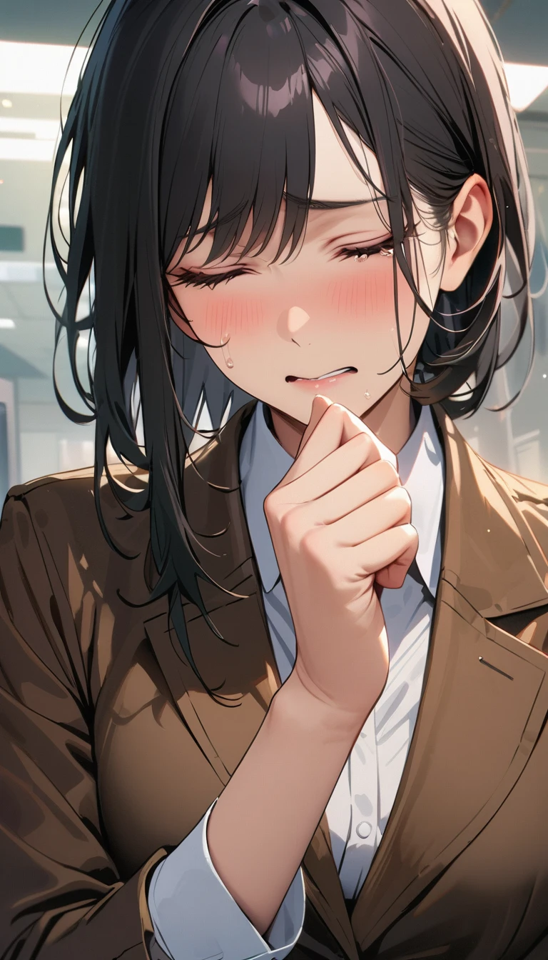 best quality, award winning, highres, high details, super detail, anatomically correct , Woman in tears,Mature woman,Clothing of office workers ,Black Hair,Slender,Wiping away the tears with my hands