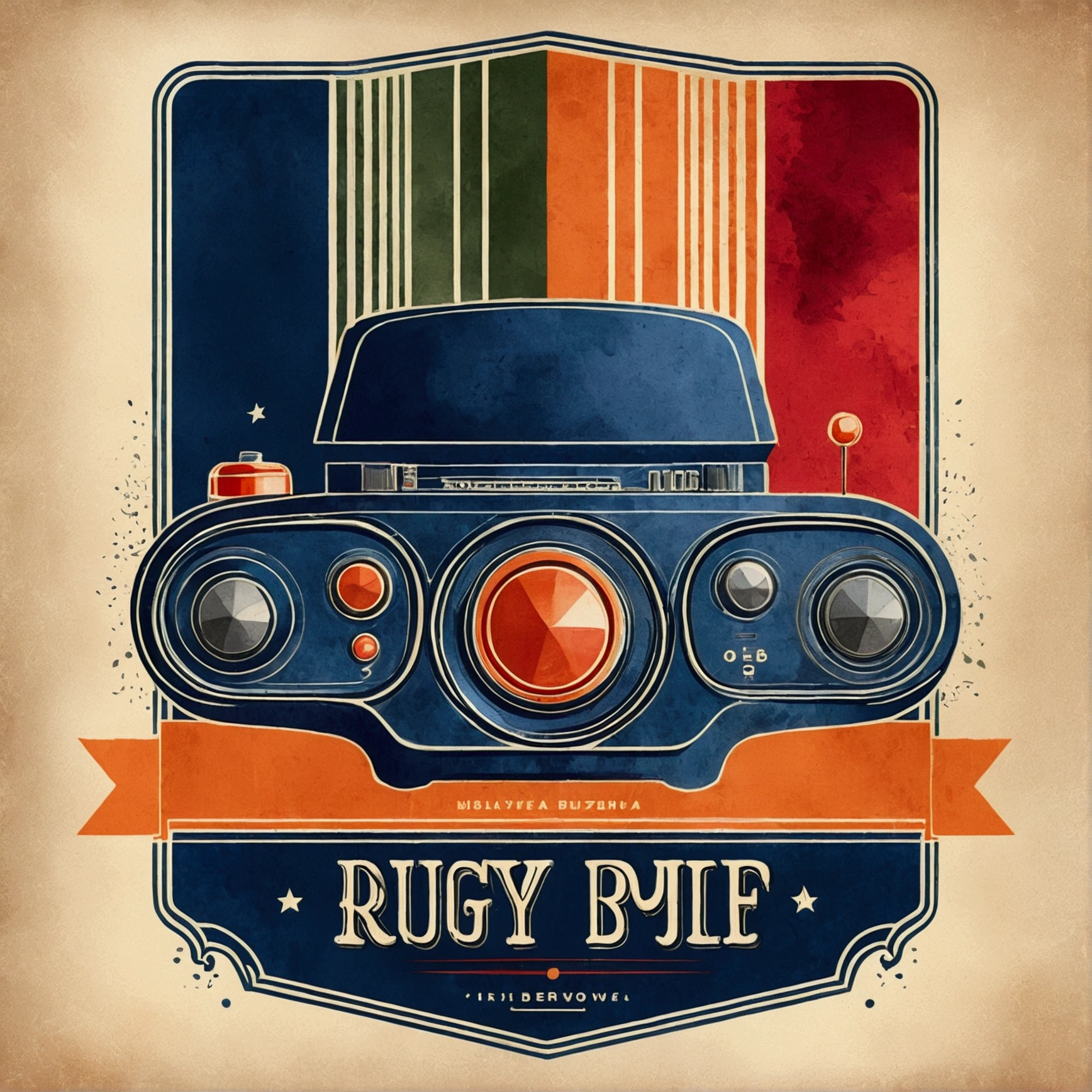 Create a vintage poster, "of a Rugyb player", with soft tones, no background, using nostalgic illustration techniques. A retro design in an old typography and worn textures." The-shirt vector, 2D art, vector; Shading and gradients, Art Nouveau, vibrant colors and synthwave. Vector design, thin lines, central composition, soft background, palette (dark blue , orange, red, olive green), watercolor logo style with printed effect, monochrome background, from yukisakura, with original and incredible colors.
