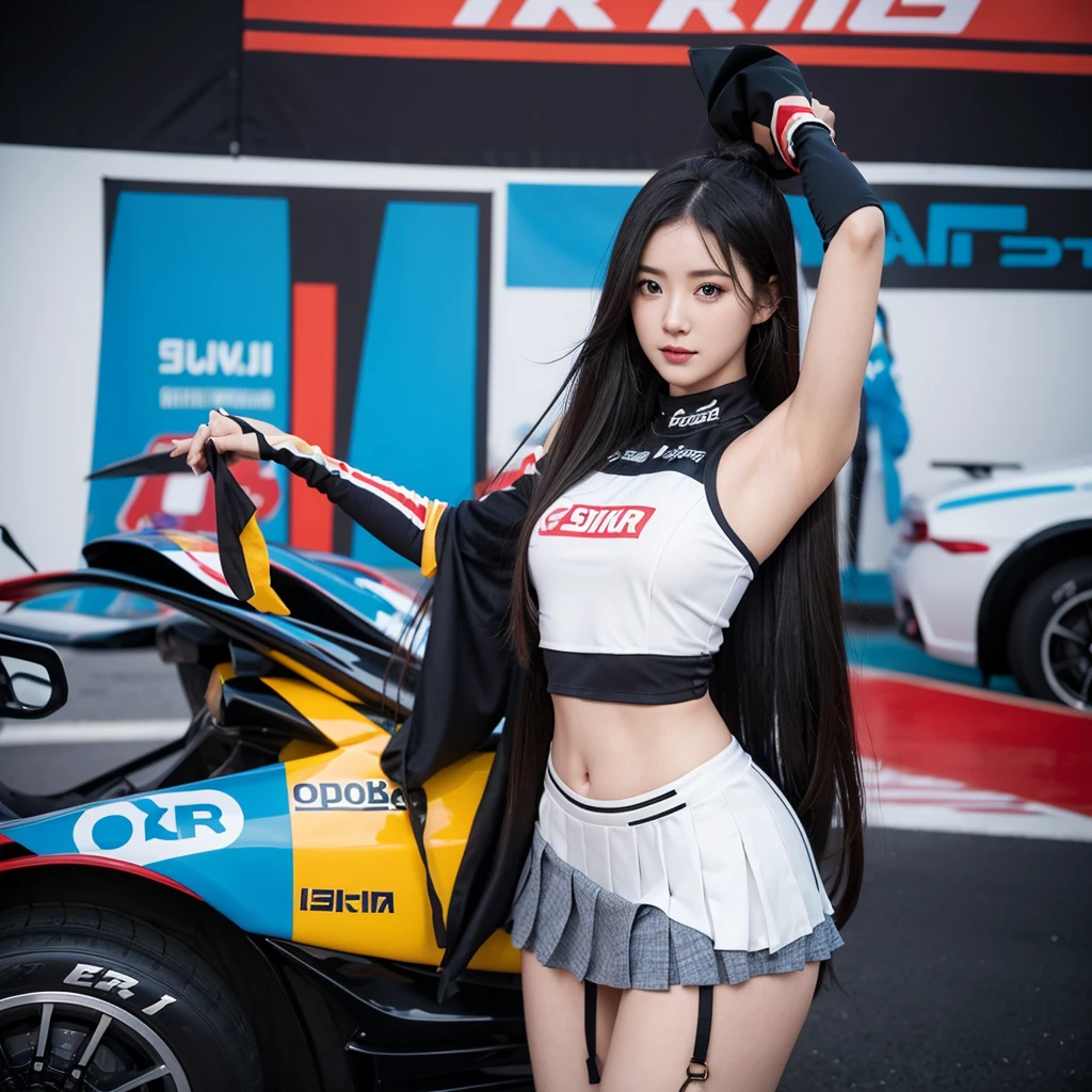 Ultra detailed face、Cool woman、Colorful costumes、F1 Driver Cosplay、Colorful costumes、Clothing with company logo、Grid Girlsのカラフルで派手な衣装、Grid Girls、Perfect Face、Paddock Girls、Harem、motor Show、tights、Bodycon Costumes、Grid Girls、Russia、Grid Girlsのコスプレ、belly button、Pleated skirt、Bodycon Costumes、Photographed in a sexy pose