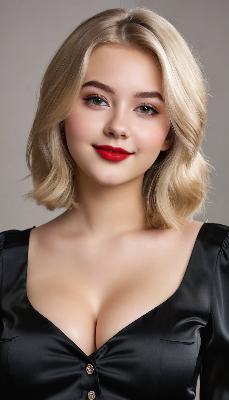ultrarealistic high quality upperbody photo of a beautiful busty european 18-year-old teen girl with cute hyperdetailed shy happy face and shoulder length platin-blonde classic bob and long legs, realistic round eyes, red lipgloss, decent makeup with eyeliner, wearing black button-up satin blouse, cleavage, hourglass body, indoor office photography