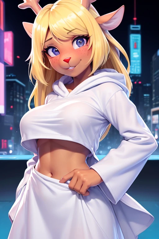 (noelle, furry female anthro, blonde hair, deer girl, red deer nose, white eyes, white pupils, white robe, hooded robe, big breasts, midriff), hands on hips, green neon city, smiling, three-quarter view, blushing