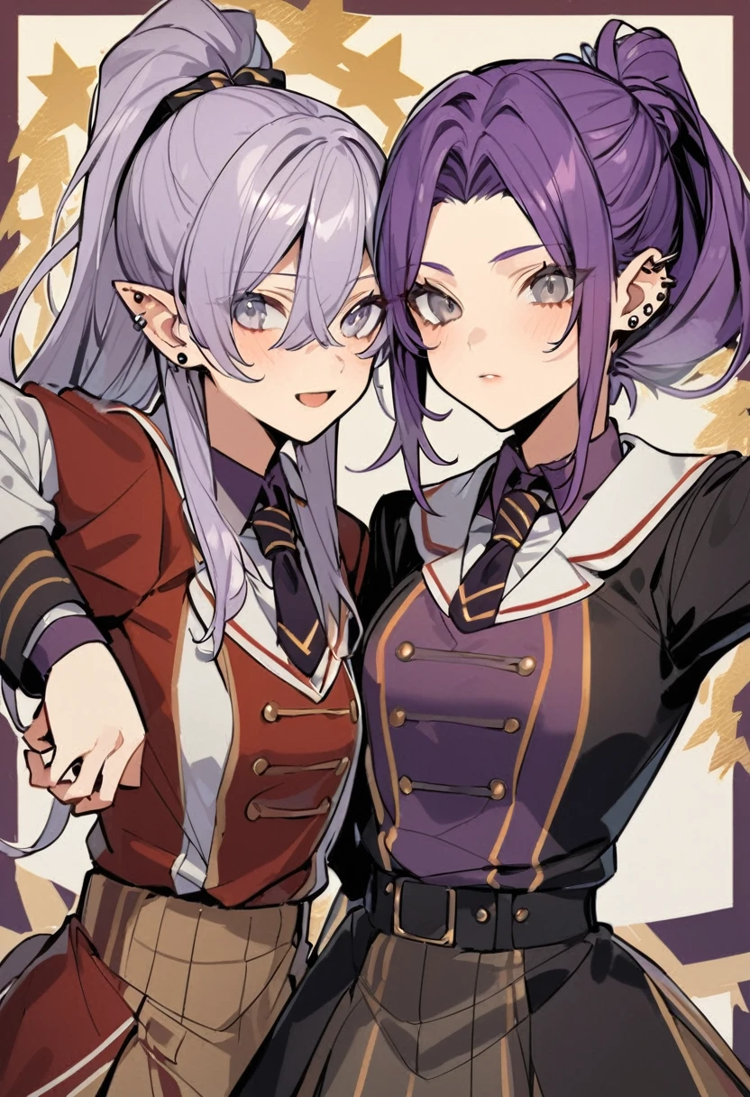 (Two female lesbian couple) (Female,5'6,pierced ears,light skin,hazel eyes,red long hair in a messy bun ,hogwards uniform) and (Female,5'5,pierced ears,light skin,grey eyes,purple long hair in a high ponytail ,hogwards uniform)