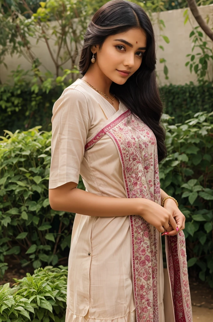 Prity girl cute young sundar saari rose in hand in garden