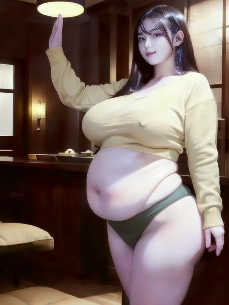 il y a une femme en chemise blanche et culotte noire qui pose, she has a round and big belly, thick, bbwchan, her belly is big and round, sultry body with sexy belly, attractive plus size model, her navel is exposed, hyperrealistic complete figure, corps thick, large stomach, curved model