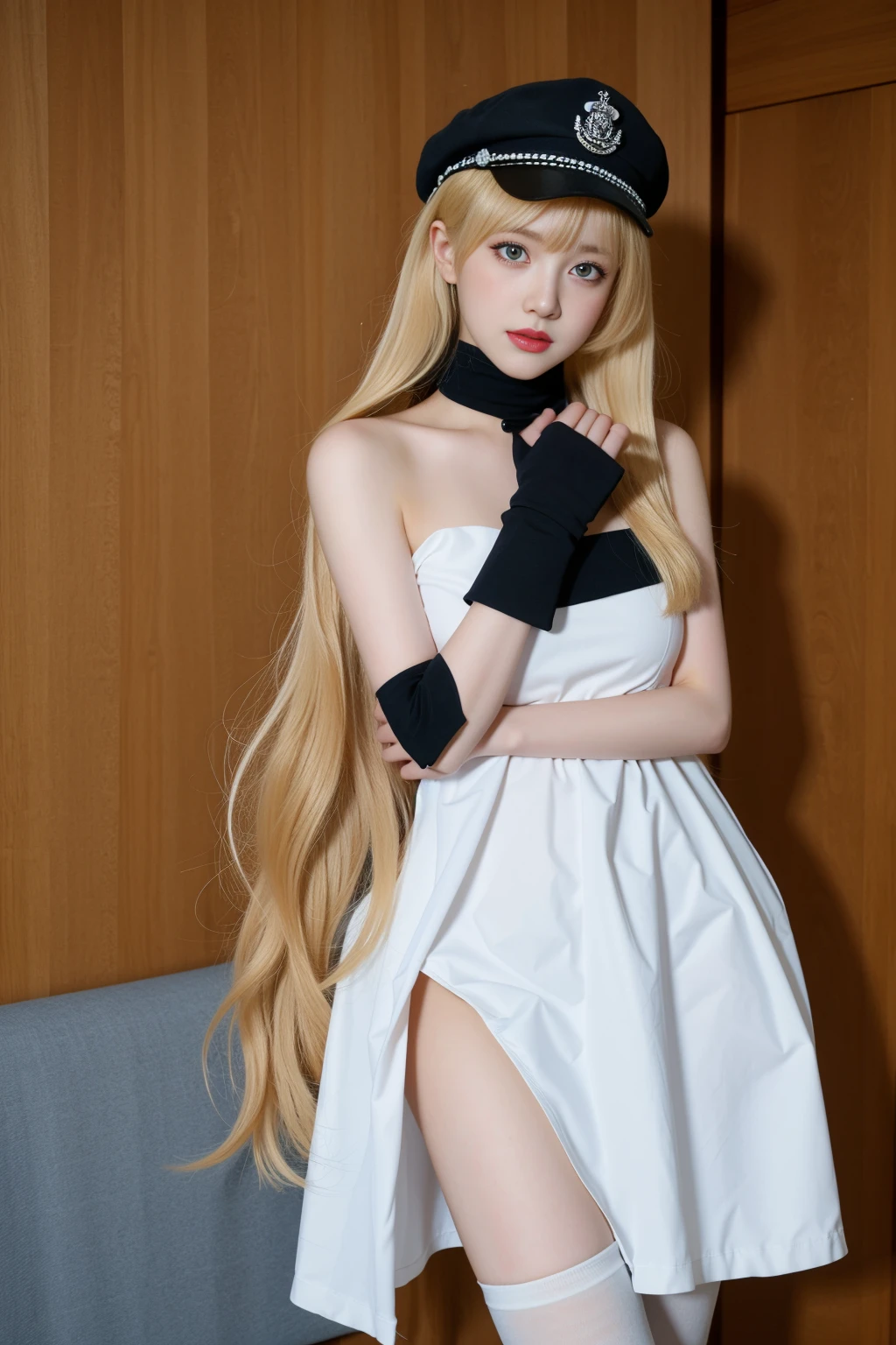 best quality, tmasterpiece,Ultra-high resolution,Clear face,（Reality：1.4），ferpect lighting，(upper body photo:1.3), (photorealistic:1.50), anime wallpaper, Guviz style artwork, cover-up fantasy up to magic , by Yang J, Guviz, beautiful artwork illustration, beautiful digital artwork, beautiful digital illustration, Li Song, beautiful anime portrait, art style in Beauvot, 1girl, 独奏,hat,blonde hair, long hair, drill hair, twin drills,Blue eyes, jewelry, flower, bare shoulders, black gloves,dress, thighhighs, thigh boots, boots, indoor, mirror, Curtain background, room,