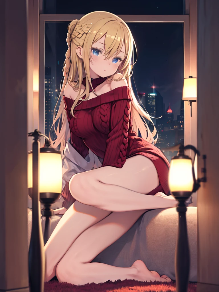 One Woman, Blonde, Long Hair, Hair between the eyes、Braid、Big Breasts、 Bright Blue Eyes, Beautiful girl looking at the camera, Front view, ((Off-the-shoulder light red sweater,)) barefoot, night, Warm indoors, Image illuminated by a small lamp, Depth of written boundary, (Half Body: 0.6),