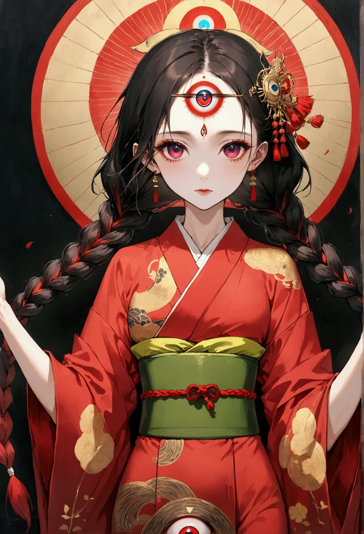 (((1 Girl,Double braid,独奏,third eye on the forehead,))),(((Gorgeous Japanese red kimono:1.6,Eye Diagram,Dark Pattern))).(((Thin waist,Greenbelt:1.37)))whole body