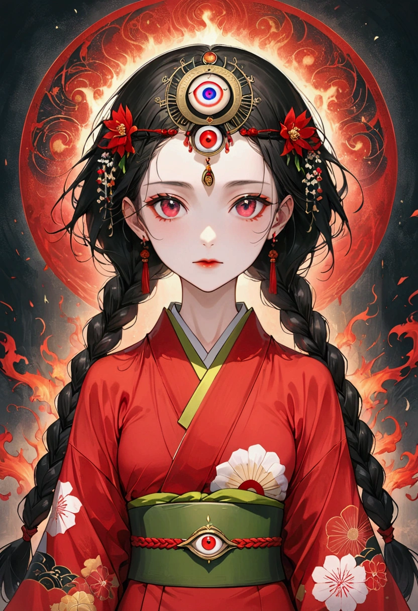 (((1 Girl，Double braid，独奏，third eye on the forehead，))),(((Gorgeous Japanese red kimono：1.6，Eye Diagram，Dark Pattern))).(((Thin waist，Greenbelt：1.37)))whole body