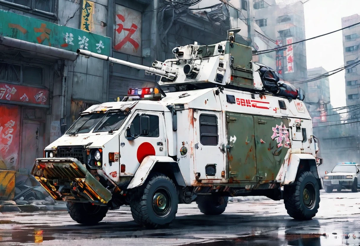 masterpiece, Highest quality,cyber punk、On the street in a dilapidated building district、Modified Japanese ambulance、Long-range gun and small missile container on the roof、Two miniguns on the side doors、A heavy, dirty white car body
