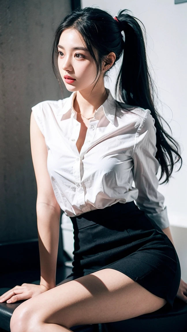 ((best quality)), ((masterpiece)), (detail), Perfect face, Beautiful Body, Pretty Face, , Perfect body, detailสูงเป็นพิเศษ, Optical Realism, Intimate atmosphere, light streams, Black straight hair, Ponytail, Wear black office clothes, Black skirt, Unbuttoned shirt, Black gray background