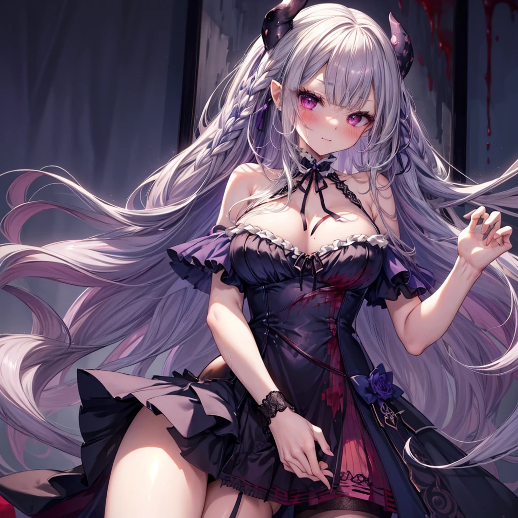 high quality, High resolution, beautiful, detailed, nsfw, woman, 独奏, Blue-violet hair, Mid-length hair, Purple eyes, slim, blush, Mischievous(Sexual), (Blood), 吸Blood鬼, Torn Dress, (sexy), Wet, night, Dark fantasy, mysterious, complicated,