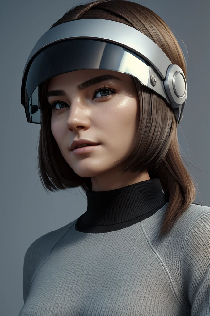 Generates an Android with a female form, with a screen type visor on his head where some lines that form a mischievous face are shown on the visor, that measures 1.65 m tall, with some outstanding attributes. That she is dressed in an aviator sweater that highlights her chest a little.. (Generate the image in 3D style)