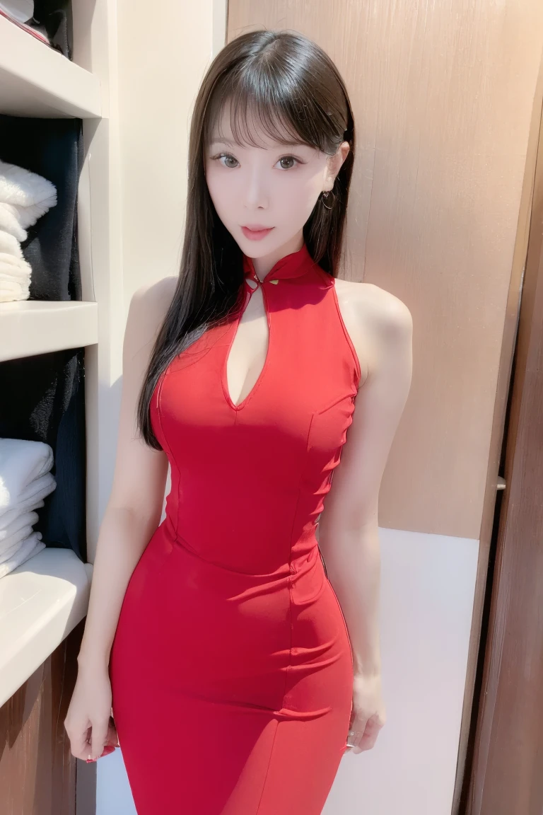 a woman in a red qipao dress, hands on hips, facing the camera, blurred background lighting, VHS video look, vintage VHS noise, professional dancer vibe